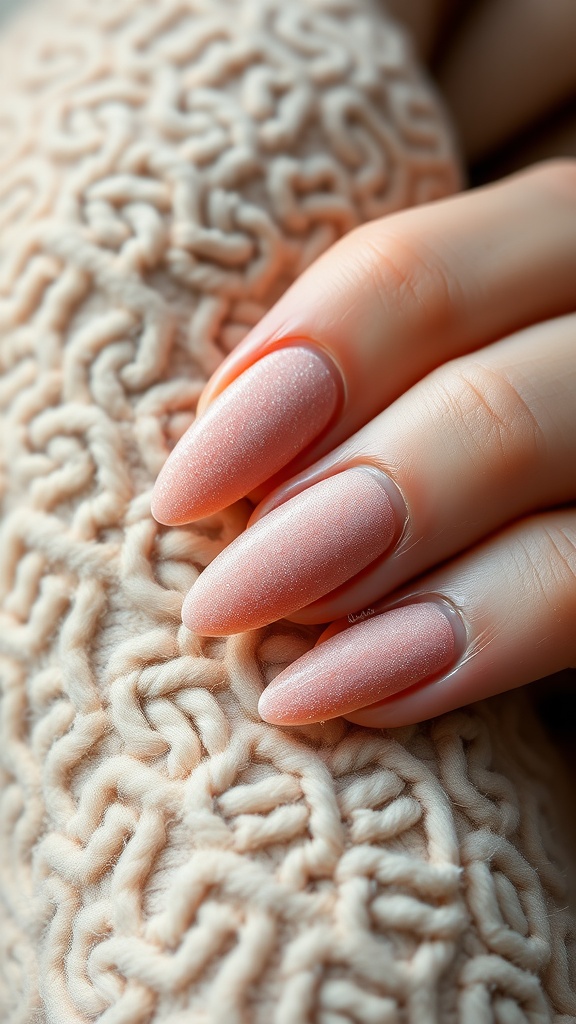 Close-up of almond-shaped nails with a textured velvet finish resting on a plush fabric.