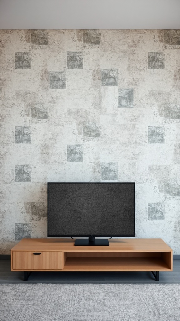 An entertainment center with a textured wall featuring a TV and wooden furniture.