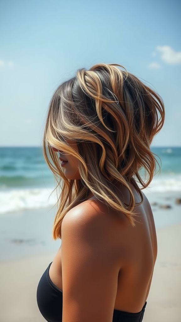 A woman with shoulder-length textured waves by the beach, showcasing a casual hairstyle.