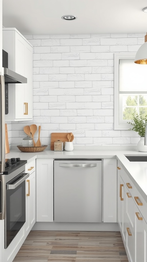 A white kitchen featuring textured brick walls and modern appliances.