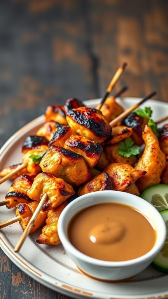 Plate of Thai chicken satay skewers with peanut sauce and lime slices