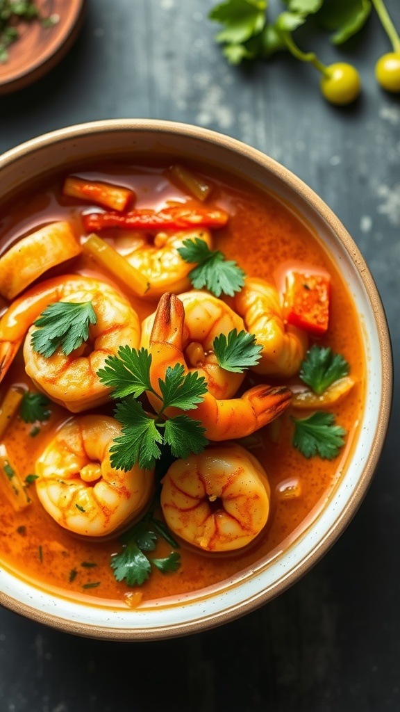 Bowl of Thai Coconut Curry Shrimp garnished with cilantro.