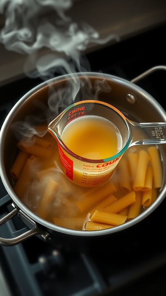 A measuring cup filled with pasta water above a pot of cooked pasta.