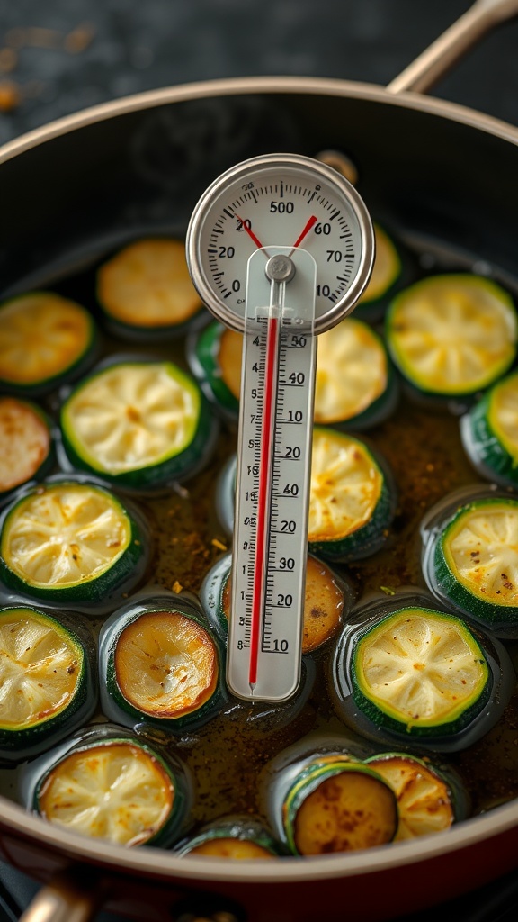 A thermometer placed in a frying pan with slices of zucchini in oil, indicating the temperature for frying.