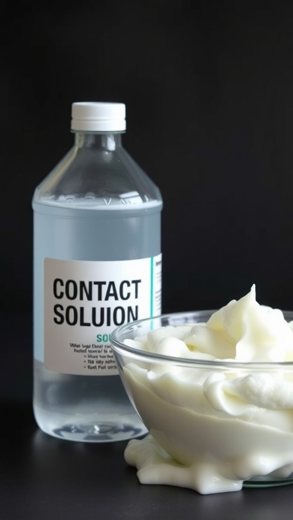 A bottle of contact solution next to a bowl of fluffy slime.