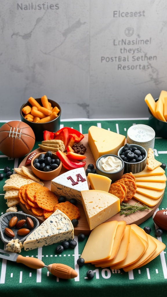 A game day themed cheese platter with a variety of cheeses, crackers, and snacks.