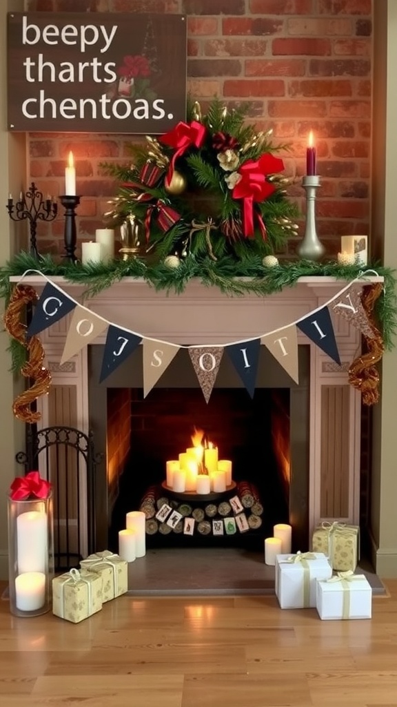 A festive fireplace decorated with a wreath, candles, and gifts for a special occasion.