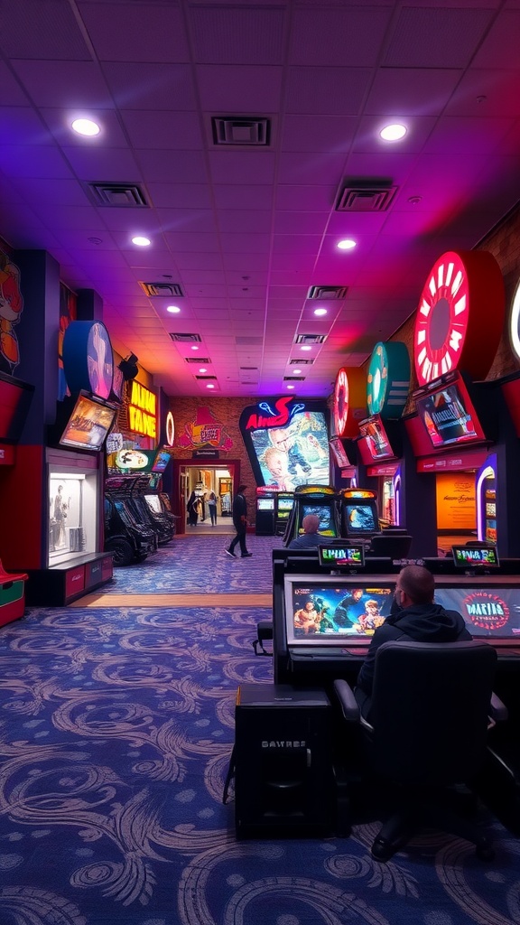 A vibrant arcade area featuring colorful game machines and bright lighting.