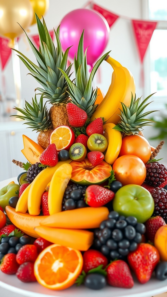 A colorful fruit tray featuring various fruits like bananas, strawberries, and oranges arranged creatively.