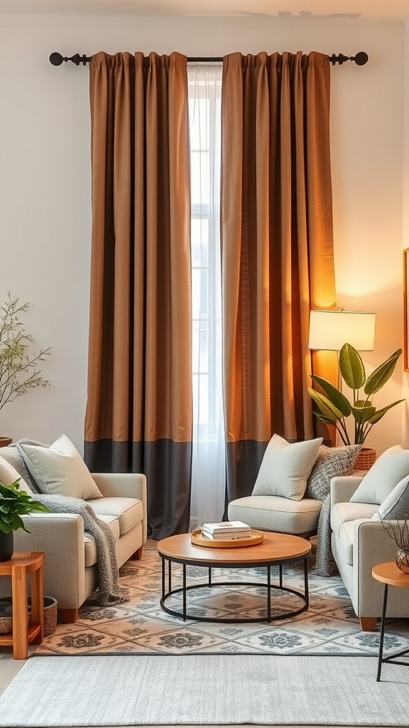 A stylish living room featuring thermal insulated drapes in warm tones.