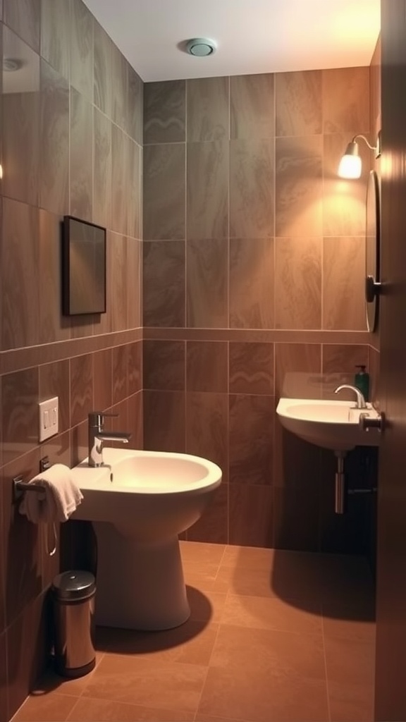 A half bathroom featuring thoughtful lighting placement with a modern touch.