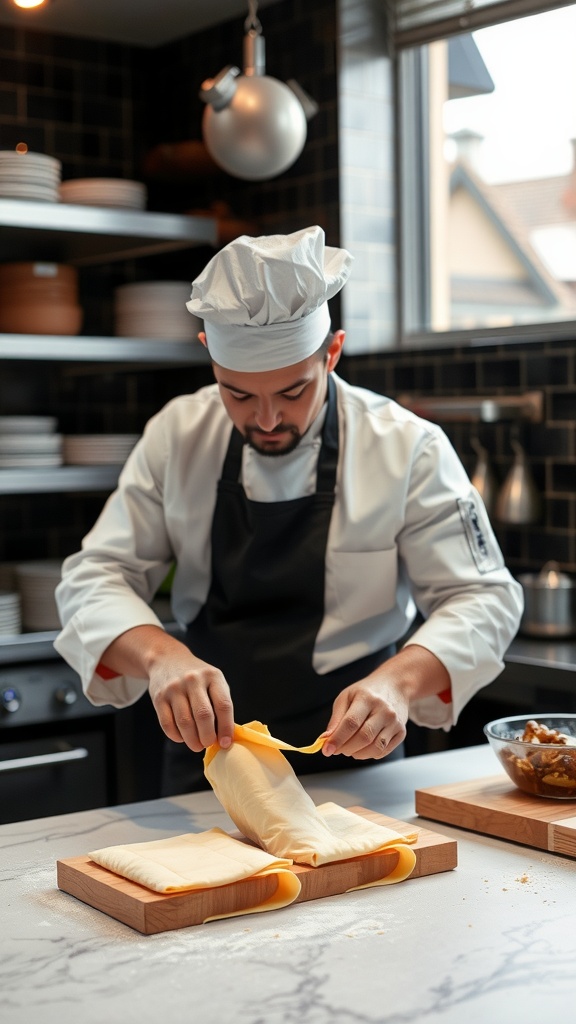A chef preparing cheese wraps in a kitchen setting.