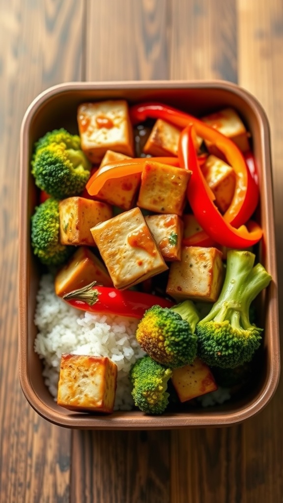 A bento box filled with tofu stir-fry, rice, broccoli, and red bell peppers.