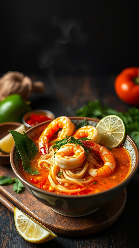 A bowl of Tom Yum Ramen garnished with shrimp, lime, and cilantro.