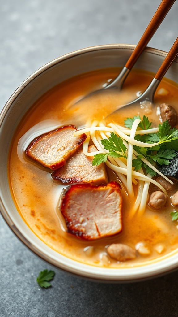 A bowl of Tonko Ramen with rich pork broth, sliced pork, and garnishes.