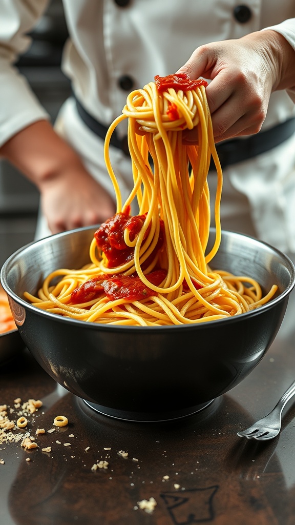 A bowl of spaghetti being tossed with sauce, highlighting the process of mixing pasta and ingredients.