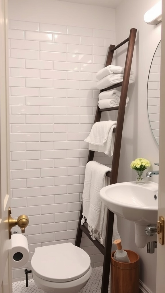 A small bathroom featuring a towel ladder with neatly stacked towels against a white tiled wall.