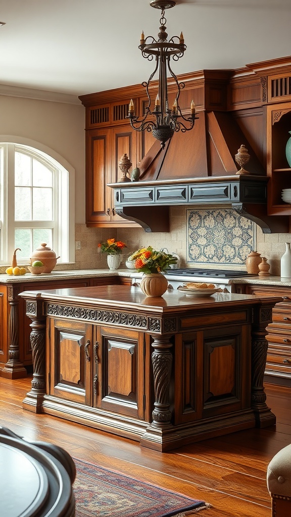 A traditional kitchen island featuring rich wood tones and intricate details, surrounded by classic decor.
