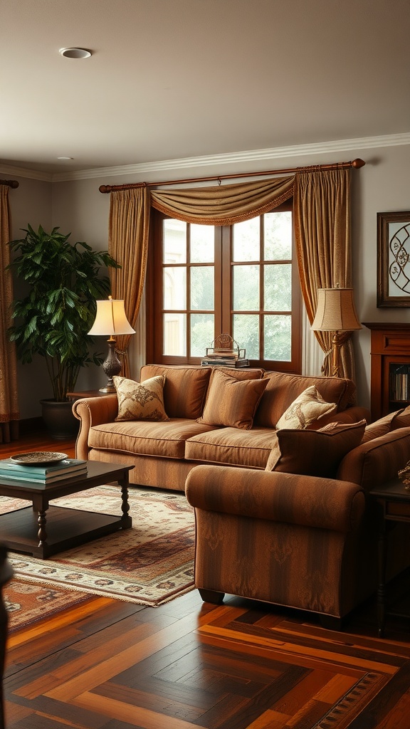 Cozy living room featuring a brown couch, classic furnishings, and warm lighting.