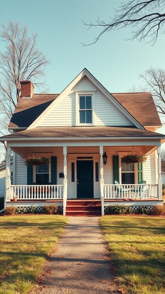 A traditional farmhouse with a white exterior, green shutters, and a porch