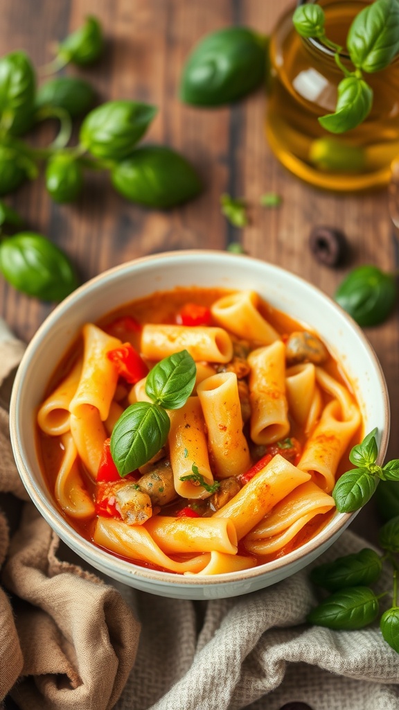 A bowl of pasta fagioli with garnishes of basil and olive oil.