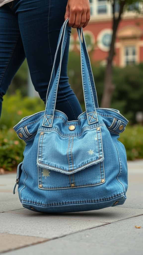 A person holding a denim bag made from old jeans