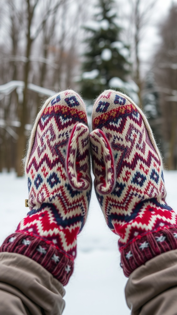 A pair of handmade mittens made from an old sweater, displayed outdoors in a snowy setting.