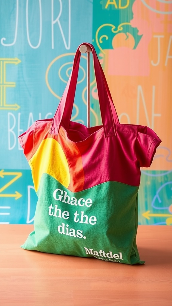 Colorful tote bag made from an old t-shirt