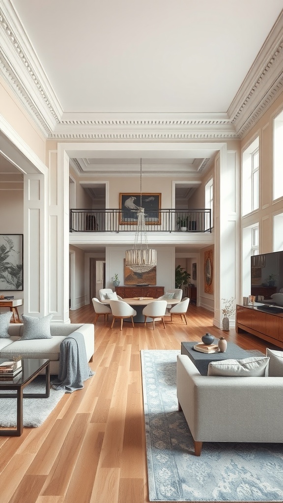 A spacious living area showcasing elegant wall moulding and transitional design elements.