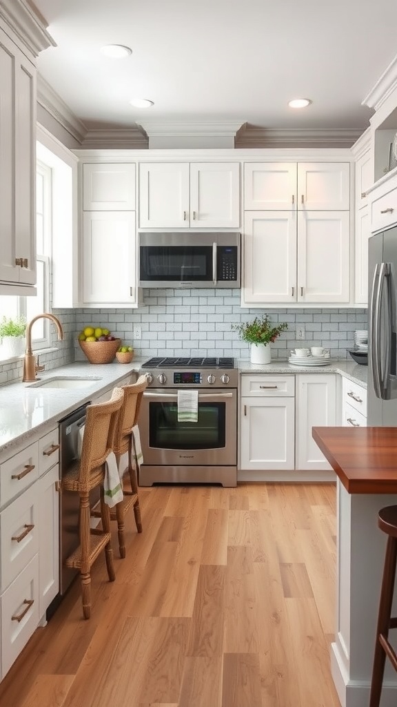 A bright and airy transitional white kitchen with wooden floors and subtle decor.
