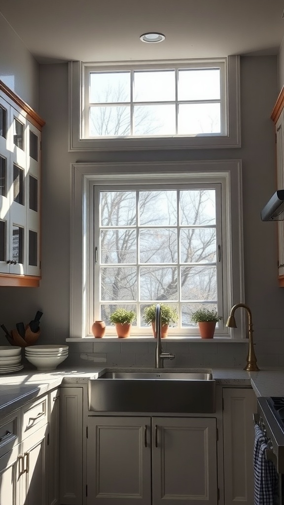 Bright kitchen featuring a large transom window above the sink, with potted plants on the windowsill.