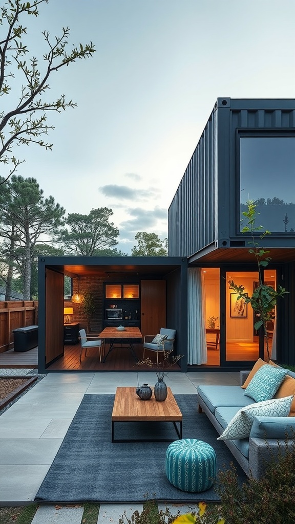 Exterior view of a trendy container home with a cozy seating area and modern design.