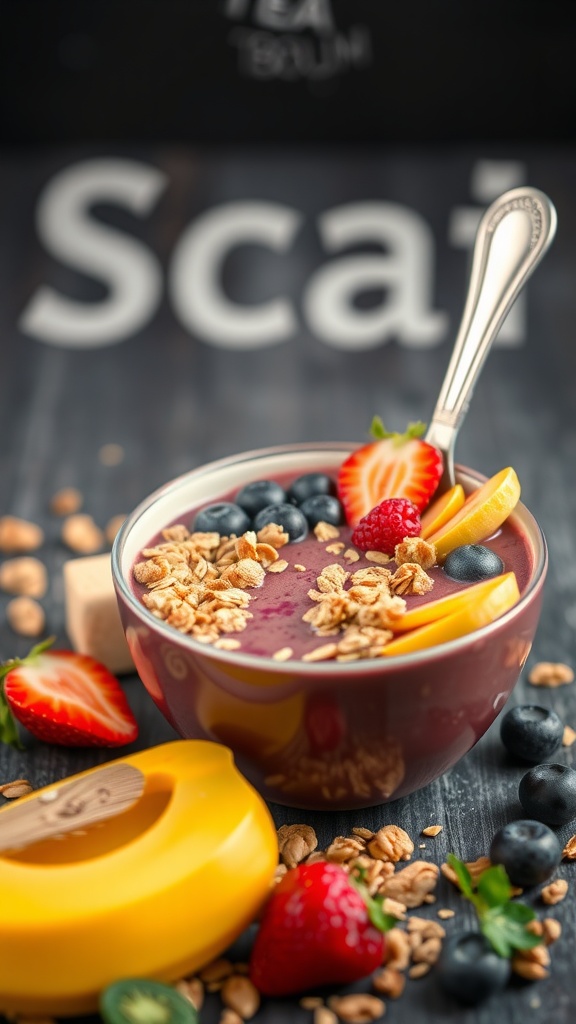 A tropical acai bowl smoothie with vibrant toppings like fruits and granola.