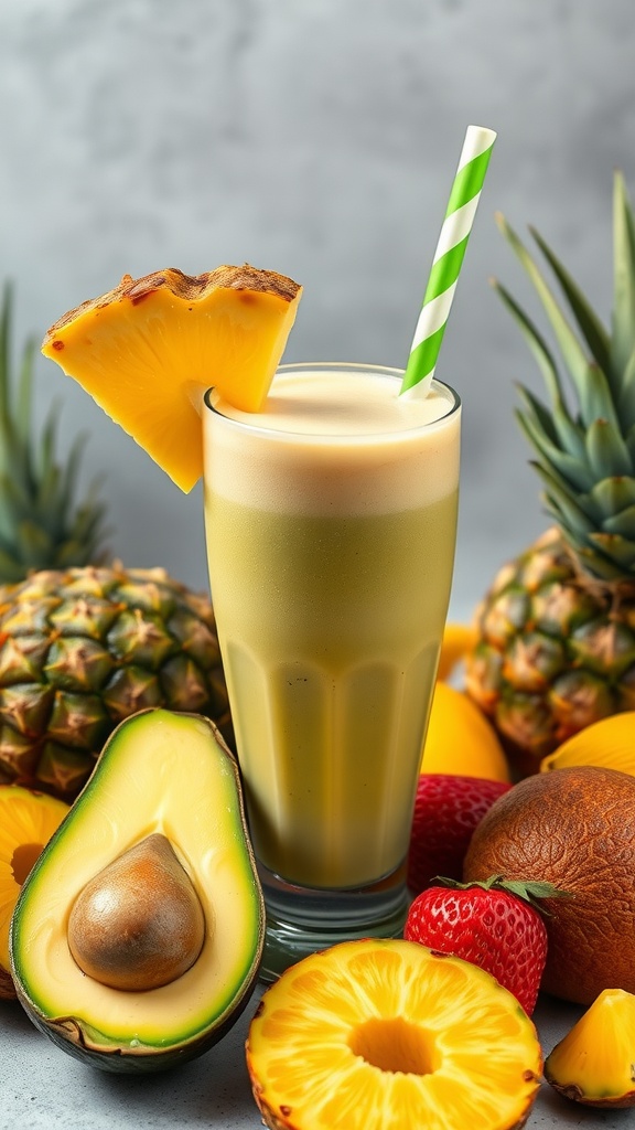 A refreshing smoothie made with avocado and pineapple, garnished with a slice of pineapple.