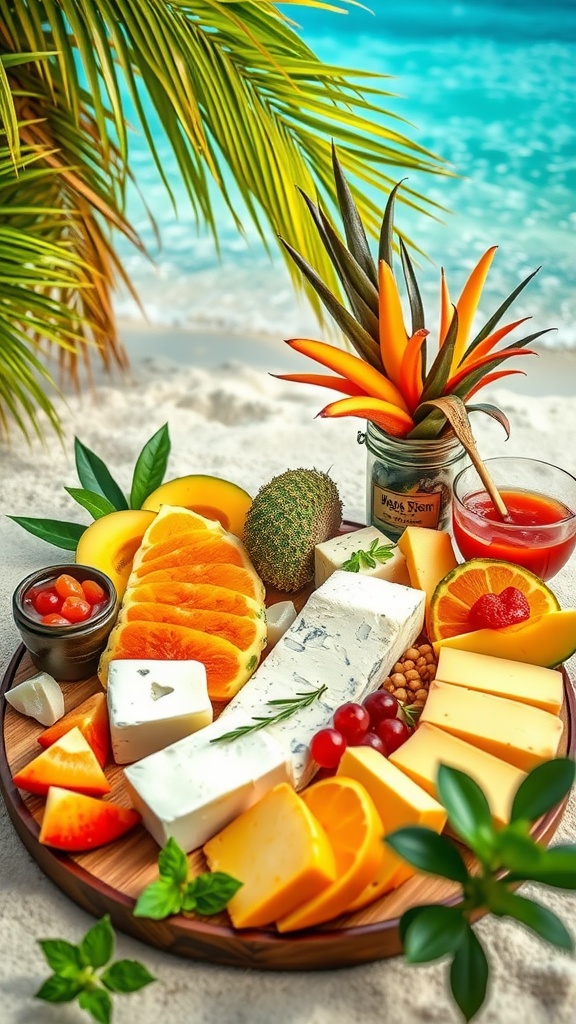 A tropical-themed cheese board featuring various cheeses, fresh fruits, and a beautiful beach background.