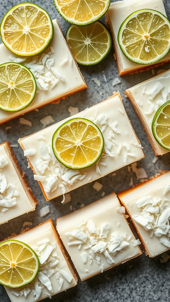 Tropical coconut lime bars topped with lime slices and shredded coconut.