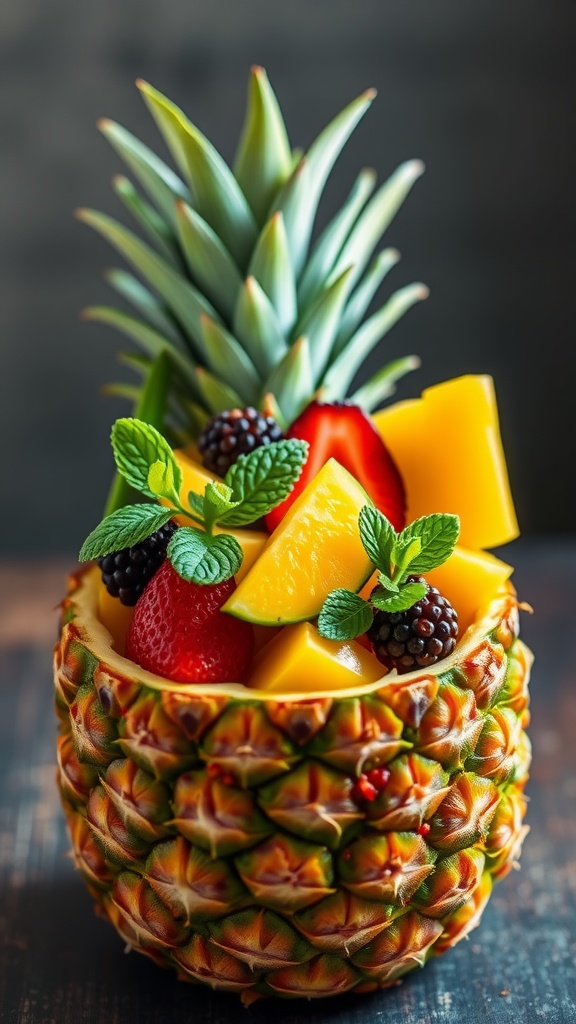 A colorful fruit bowl made from a pineapple, filled with mango, strawberries, and blackberries, garnished with mint leaves.