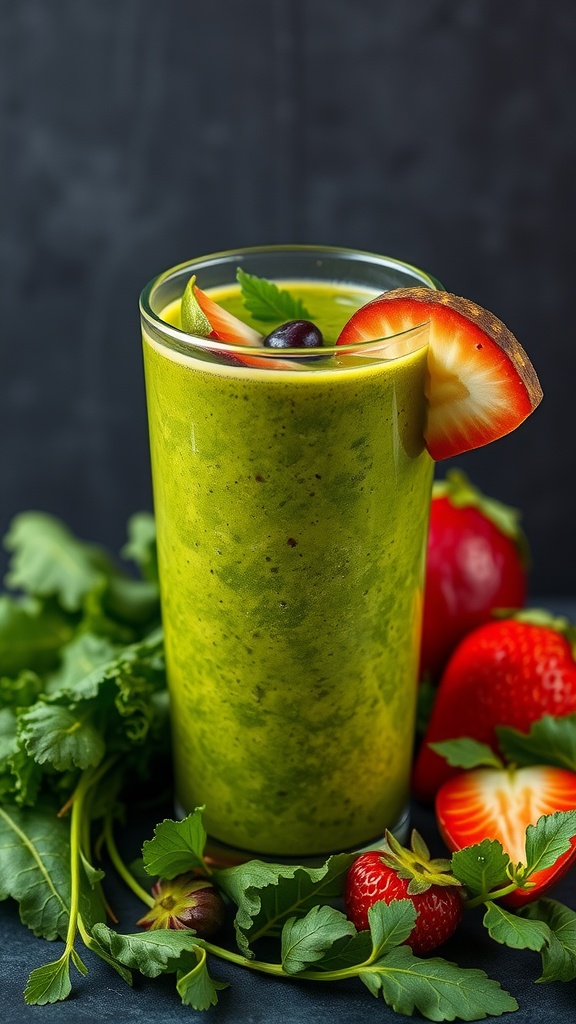 A glass of Tropical Green Detox smoothie surrounded by fresh fruits and greens.
