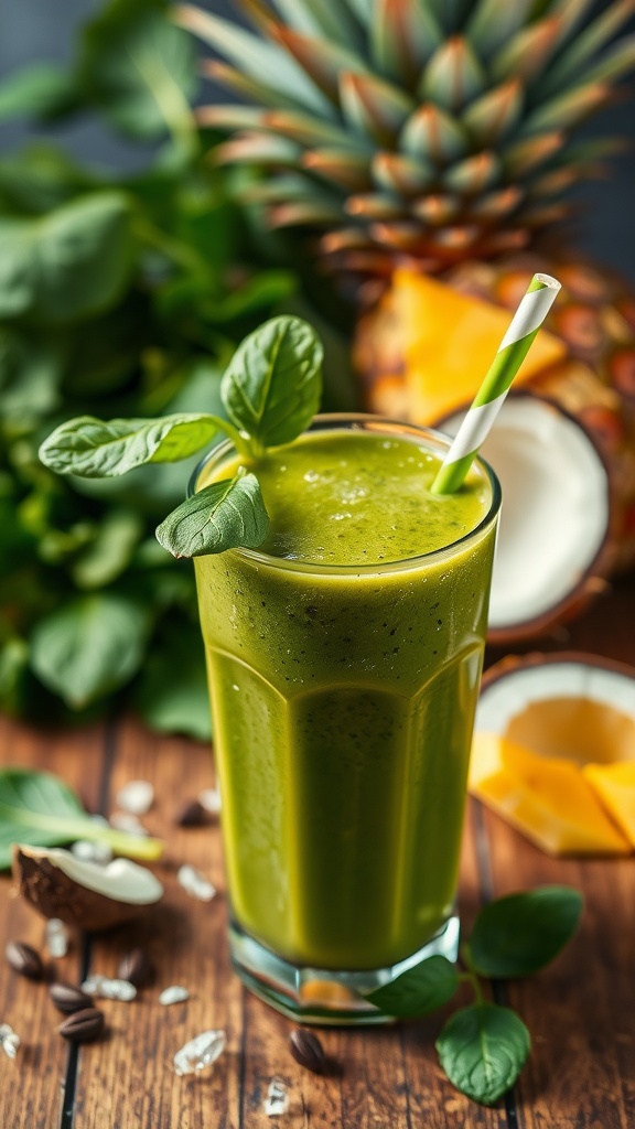 A refreshing Tropical Green Immunity Booster smoothie made with spinach, pineapple, and coconut milk.