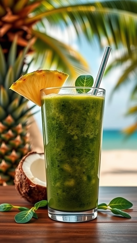 Tropical Green Protein Smoothie in a glass with a slice of pineapple and a straw