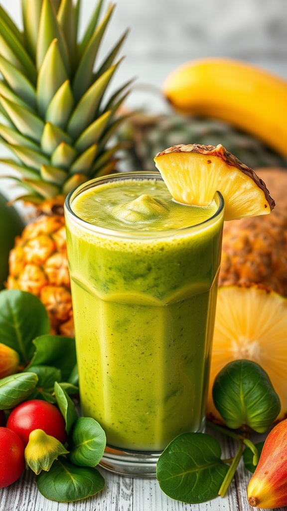 A vibrant tropical green smoothie made with banana, pineapple, spinach, and yogurt.