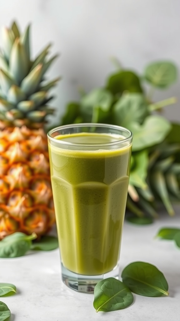 A vibrant green smoothie served in a tall glass, surrounded by fresh spinach and pineapple.