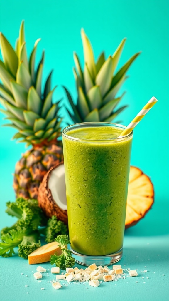 A vibrant green smoothie made with tropical ingredients, surrounded by fresh pineapple and kale.