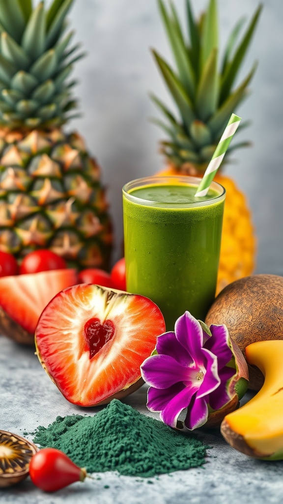 A vibrant green smoothie made with tropical fruits and spirulina, surrounded by fresh produce.