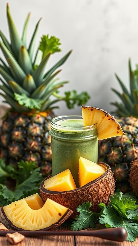 Freshly made Tropical Kale Paradise smoothie with pineapple and coconut