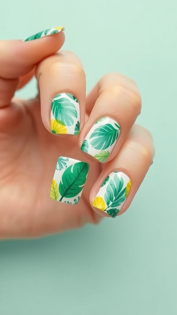 Square nails with tropical leaf designs in green and yellow on a light background