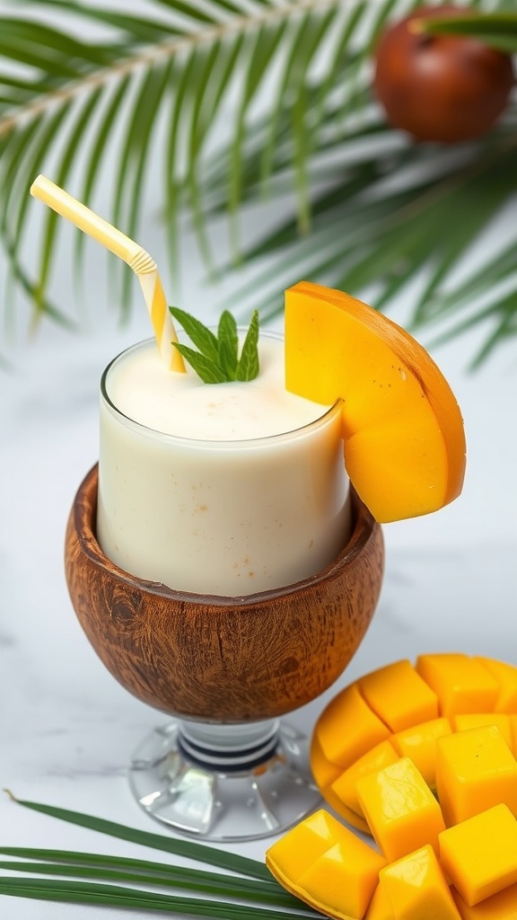 A refreshing tropical smoothie made with mango and coconut milk, garnished with mint leaves.
