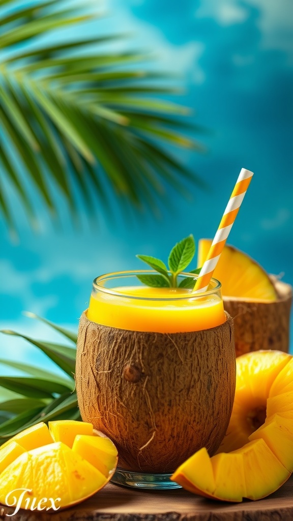 A vibrant tropical mango and pineapple smoothie in a coconut cup, surrounded by fresh pineapple slices.