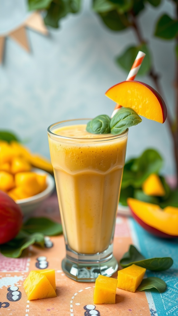 A refreshing tropical mango and spinach smoothie in a glass.