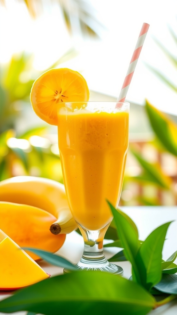 A refreshing mango banana smoothie with a slice of lemon, served in a tall glass.